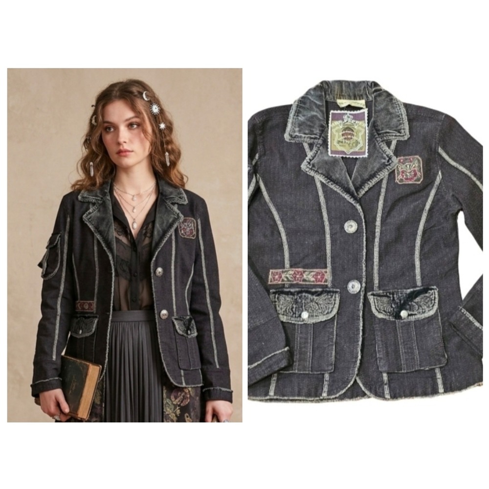 Mrs Pepper Denim Blazer Women M Black Boho Jacket Steampunk Victorian 2008 NEW